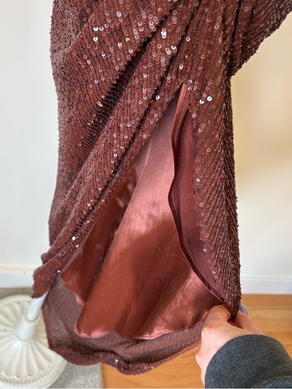 ITMFL Marissa Chocolate Brown Sequin Asymmetrical Mockneck Gown Dress EUC Size S - Picture 9 of 11